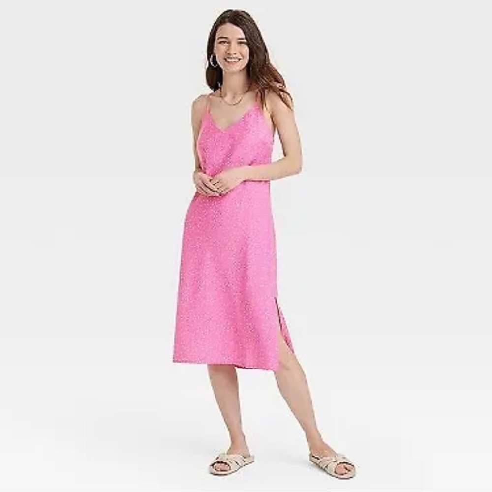 NWT A New Day Pink Polka Dot V-Neck Midi Dress Size Medium
